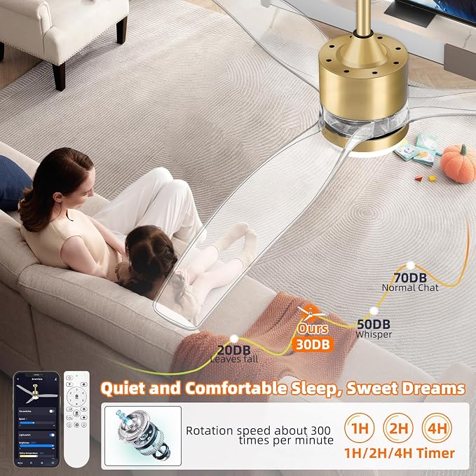 OKELI 52" Smart Ceiling Fan with Light, WiFi Enabled for Alexa & App Control, Reversible Gold Modern Ceiling Fan with Dimmable LED Light and Remote, Clear Blades for Living Room Bedroom