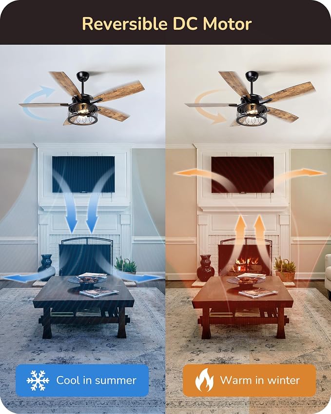 EDISHINE 52'' Farmhouse Ceiling Fans with Lights, 10%-100% Dimmable, 5 Wooden Blades, 1/2/4/6 Hour Timer, 6 Speeds Reversible DC Motor, Rustic Ceiling Fan for Living Room, Bedroom, Burnt Wood