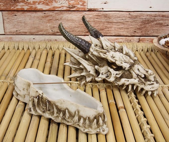 Ebros Gift 9" Long Smoking Nostrils and Eyes Bone Skeleton Fossil Dragon Skull 'Stryker' Incense Stick Burner Sculptural Box Statue Home Aromatherapy Decorative for Dungeons and Dragons GOT Fans
