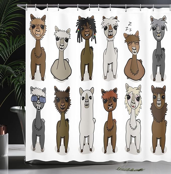 Ambesonne Cartoon Shower Curtain, Charismatic Alpacas with Different Hairs Animal Fiction Comic Artwork, Cloth Fabric Bathroom Decor Set with Hooks, 69" W x 70" L, Brown Grey