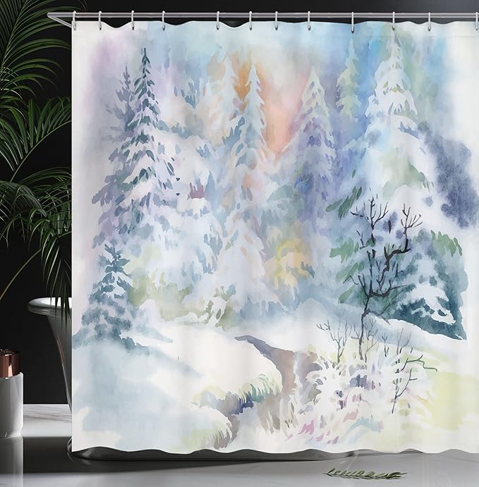 Ambesonne Winter Shower Curtain, Watercolor Painting Interpretation of a Snowy Scene and Blurred Pattern, Cloth Fabric Bathroom Decor Set with Hooks, 69" W x 75" L, Mauve Blue