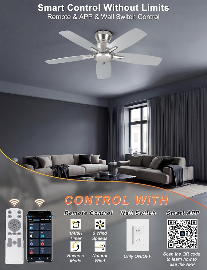 Ohniyou 42 Inch Ceiling Fan No Light, Low Profile Ceiling Fan with Remote and App Control, Flush Mount Ceiling Fan without Light for Bedroom Kitchen Covered Patios, Quiet DC Motor, Silver