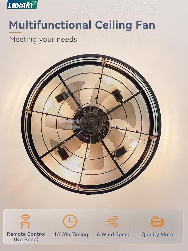 LEDIARY 26" Caged Ceiling Fan with Light and Remote, Low Profile Flush Mount Fandelier, Black Bladeless Enclosed Small Fan Lights Ceiling Fixtures, Rustic Farmhouse Style for Bedroom, Outdoor