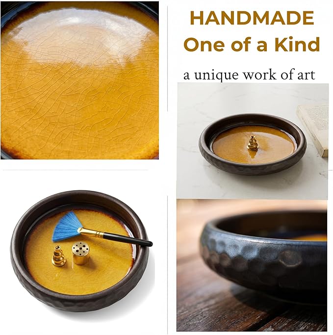 6 Inch Incense Burner Holder Handmade Ceramic,Crackle Glaze Yellow Incense Holders for Sticks,Multi-Functional Incense Burner Bowl Ash Catcher,Coil Incense Holder,Ideal for Meditation,Yoga,Home Décor