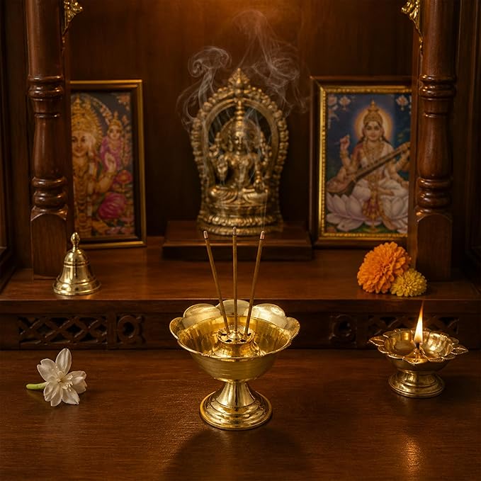 Spillbox Brass Incense Stick Holder Stand | Holder | Burner with Ash Catcher Agarbatti | Batti Stand | Plate | Dhup | Dhoop Best for Puja | Pooja Your Mandir Home & Office Decoration - Rose Agarbatti