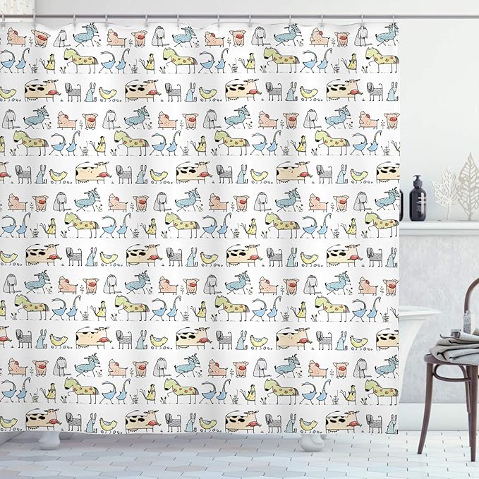 Ambesonne Retro Shower Curtain, Cartoon Village of Domestic Animals Goat Goose Sheep Funny Patterns, Cloth Fabric Bathroom Decor Set with Hooks, 69" W x 70" L, Yellow Beige