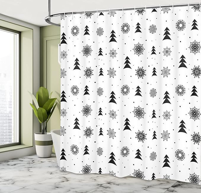 Ambesonne Nordic Shower Curtain, Christmas Pine Trees Snowflakes Noel Winter North Holiday Celebration Graphic Art, Cloth Fabric Bathroom Decor Set with Hooks, 69" W x 70" L, Black White