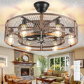 DLLT Caged Ceiling Fan with Lights: 26" Bladeless Fandelier with Light and Remote - Walnut Industrial Chandelier Fan Light for Bedroom Living Dining Room Kitchen