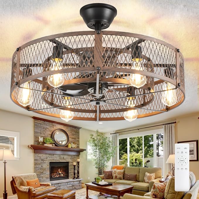 DLLT Caged Ceiling Fan with Lights: 26" Bladeless Fandelier with Light and Remote - Walnut Industrial Chandelier Fan Light for Bedroom Living Dining Room Kitchen