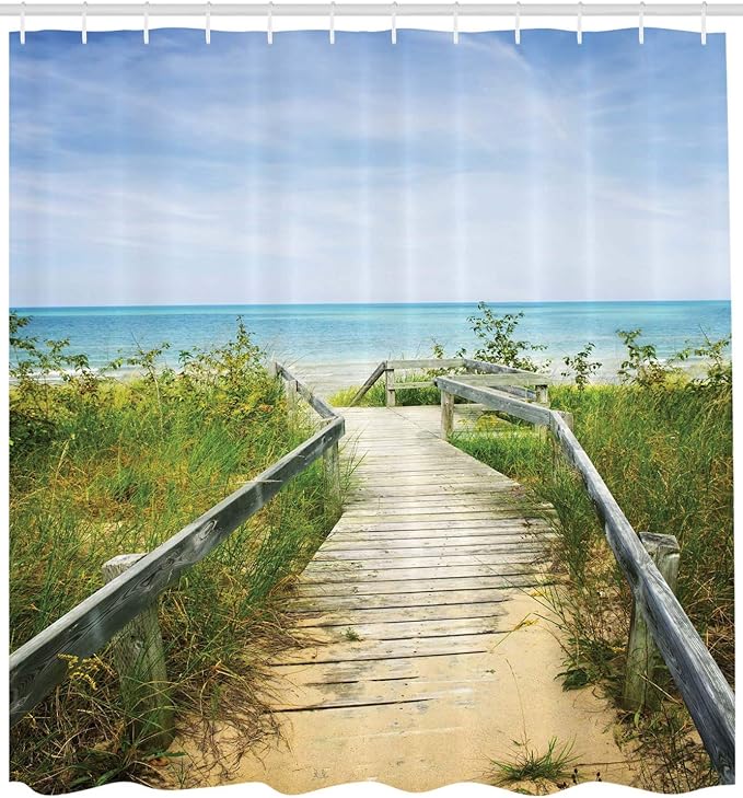 Ambesonne Seaside Shower Curtain, Boardwalk Over Dunes at Beach Pinery Provincial Park Ontario Canada, Cloth Fabric Bathroom Decor Set with Hooks, 69" W x 70" L, Brown Fern