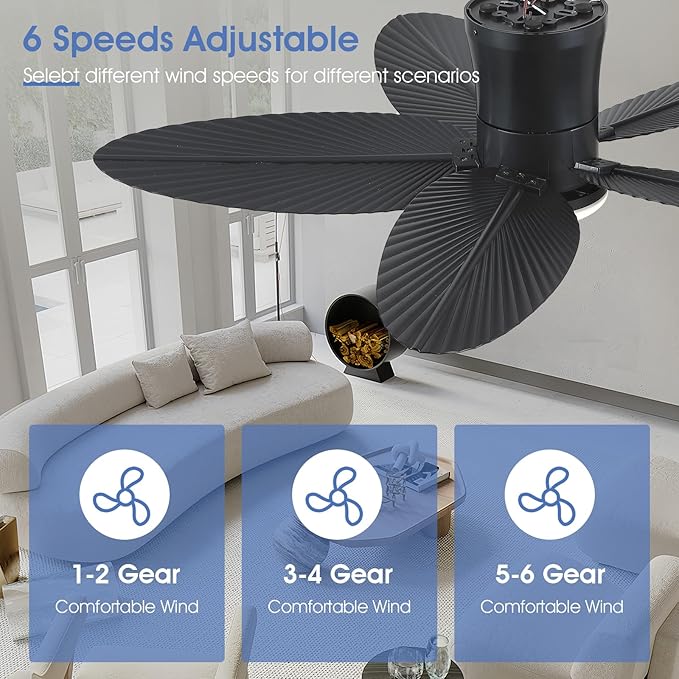 Surtime Palm Leaf Ceiling Fans with Lights-42 Tropical Ceiling Fan with Light and Remote/APP Control,Flush Mount Low Profile Black Ceiling Fans for Bedroom,Indoor/Outdoor Patio Use