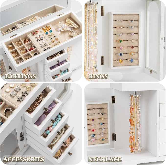 Miratino Jewelry Box for Women Girls, Wooden Jewelry Organizer Box with Mirror, 5 Layer Jewelry Storage Case Display for Necklaces Earrings Rings Bracelets Valentine's Day Gifts