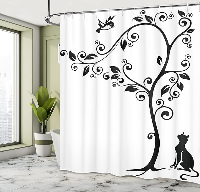 Ambesonne Cat Shower Curtain, Silhouette of Kitty Under Tree and Birds on Swirled Branches Illustration, Cloth Fabric Bathroom Decor Set with Hooks, 69" W x 75" L, White and Black