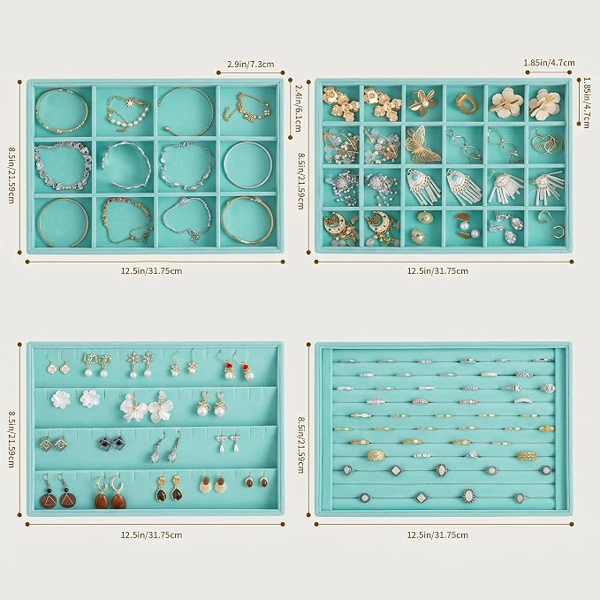 Frebeauty Jewelry Trays for Drawer,Set of 4 Jewelry Organizer and Storage | Velvet Material,Stackable,Adjustable Dividers,Drawer Inserts for Rings Studs Bracelet,Earring Organizer for Women Girls