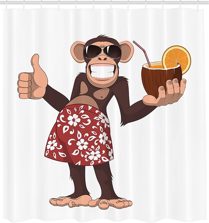 Ambesonne Cartoon Shower Curtain, Happy Chimpanzee Holding a Cocktail and Smiling Piggle Ape Cheerful Comic Art, Cloth Fabric Bathroom Decor Set with Hooks, 69" W x 75" L, Brown Ruby
