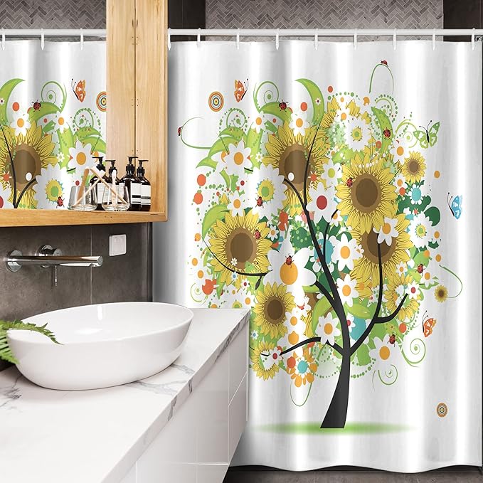 Ambesonne Sunflower Stall Shower Curtain, Floral Tree with Daisies Sunflowers Butterflies Ladybugs Spring Fantasy Joyful, Fabric Bathroom Decor Set with Hooks, 54" W x 78" L, Green Black