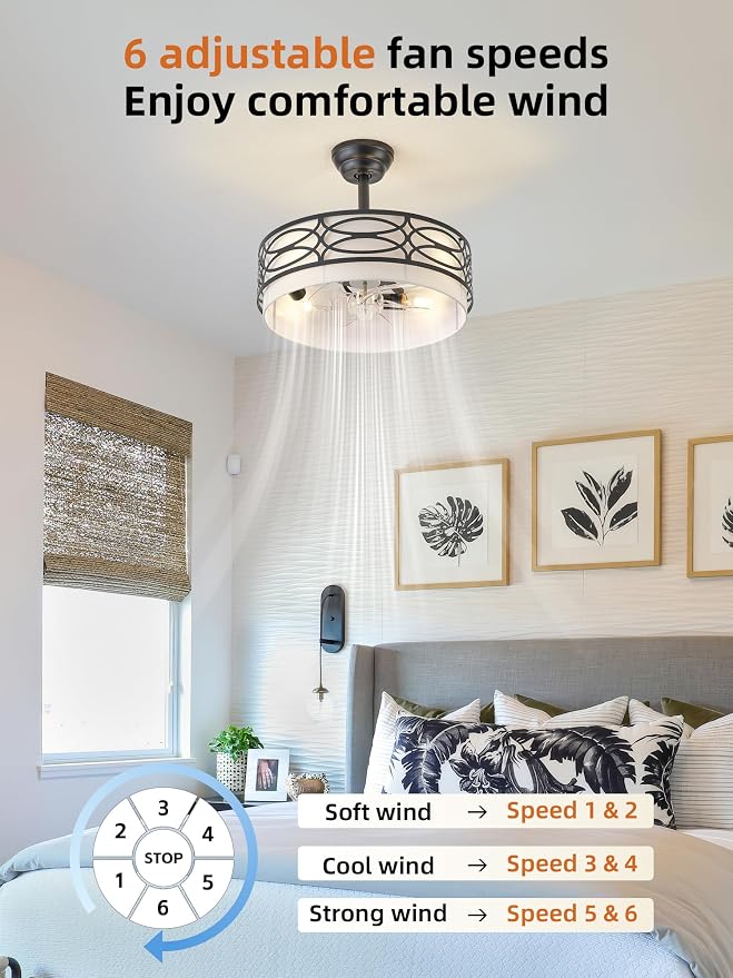 20" Black Farmhouse Ceiling Fan with Light, Caged Fandelier Ceiling Fans with Lights Remote Control with 6 Speeds for Bedroom, Living Room, Nursery