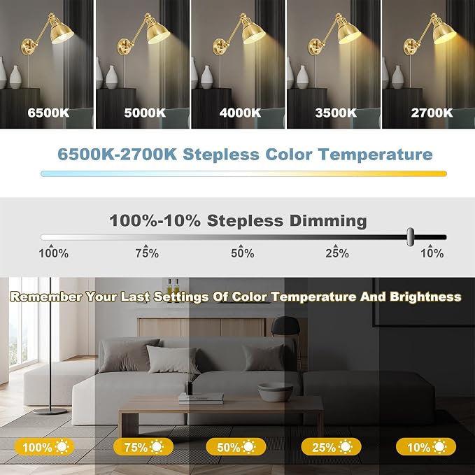 GOODATE Plug in Wall Sconces Set of Two with Remote, Stepless Colors 2700K-6500K & Stepless Dimming, Premium Golden Finish, Plug in Wall Light with Night Light & Timer, LED Bulbs Included