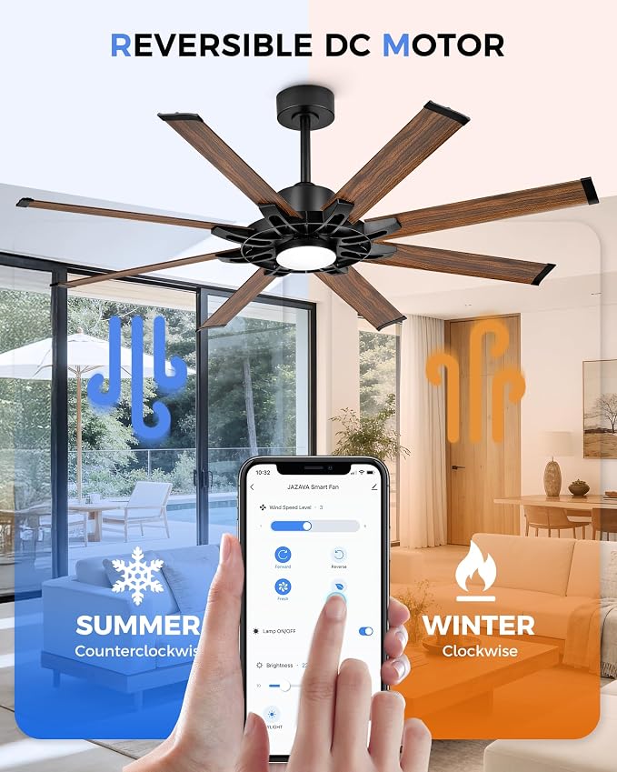 60 Inch Ceiling Fan with Light, Indoor Outdoor Ceiling Fan with 8 Aluminium Wood Grain Metal Blades, Smart Fan with Alexa, Modern Quiet Fan for Patio, Garage, Living Room, ZCCF05AWD-60