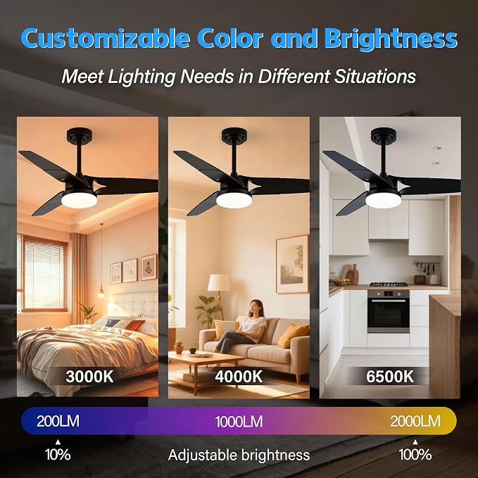 Ceiling Fan with Lights and Remote, 3 Blade App Control Timer Reversible Stepless Brightness and Color Temperature Outdoor Wood Ceiling Fan with Lights (Black, 42 In'ch)