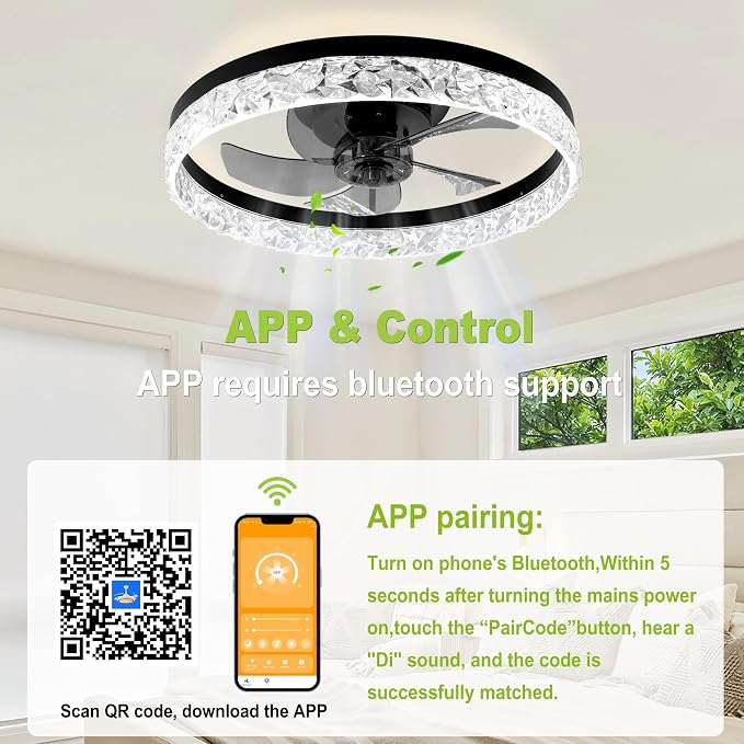 DAMINY 20inch Black Ceiling Fans with Lights and Remote, 6CCT, Dimmable Smart Low Profile Ceiling Fan with Light, 6 Speeds Flush Mount Modern Bladeless Ceiling Fan for Bedroom