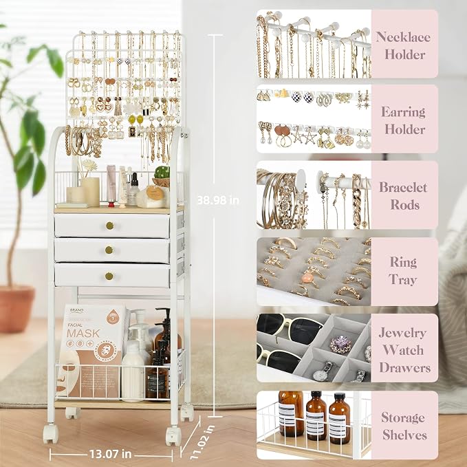 Keebofly Large Floor Jewelry Organizer Stand with 3 Drawers - White | Mobile Jewelry Tower Holder with Display, Large Capacity Rack for Necklaces & Rings, Perfect Storage Gift for Women