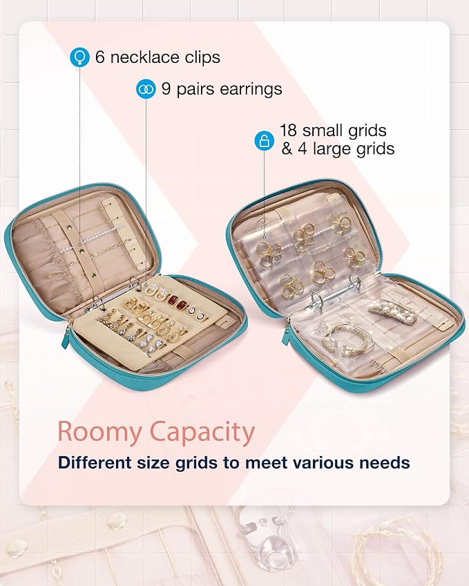 BAGSMART Jewelry Travel Organizer Case Ring Binder Storage Rolls, Teal | For Home Jewelry Storage, Ring Binder Clear Bags, Zipper Rolls Pouch, For Necklaces, Earrings, Rings, Bracelets