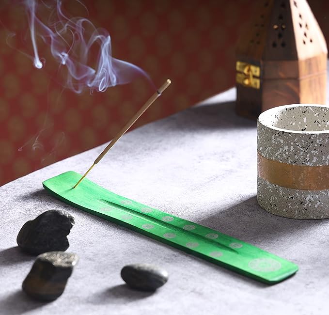 Bless-International Traditional-Handmade-Burner Wooden-Incense-Stick-Holder Ash-Catcher-Stand for-Aromatherapy-Meditation-Yoga (Earth Green) 10 Inches, Pack of 1