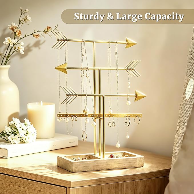 Urban Deco Arrow Jewelry Organizer Stand 4-Tier Gold Jewelry Stand Necklace Organizer With Wooden Ring Holder For Jewelry Display Bracelet Holder Stand Earring Organizer For Girls - Gold