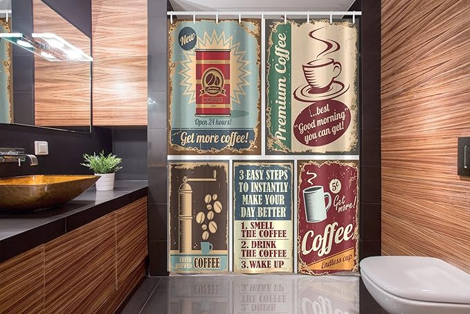 Ambesonne 1950s Stall Shower Curtain, Coffee Posters and Signs Design Bean Cup Espresso Mug Cappuccino Logo Print, Fabric Bathroom Decor Set with Hooks, 54" W x 78" L, Red Blue