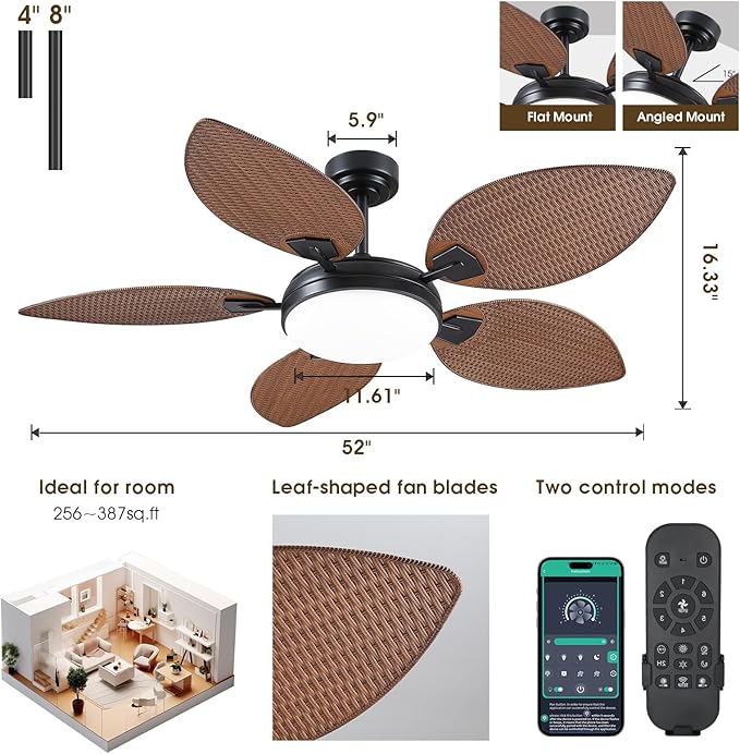 52"Tropical Outdoor Palm Leaf Ceiling Fans with Lights and Remote/APP | 5 Double-Sided Blades, 6 Wind Speeds, Reversible, Dimmable 3CCT LED, 50W Quiet DC Motor,Suits for Living Room Bedroom Patio