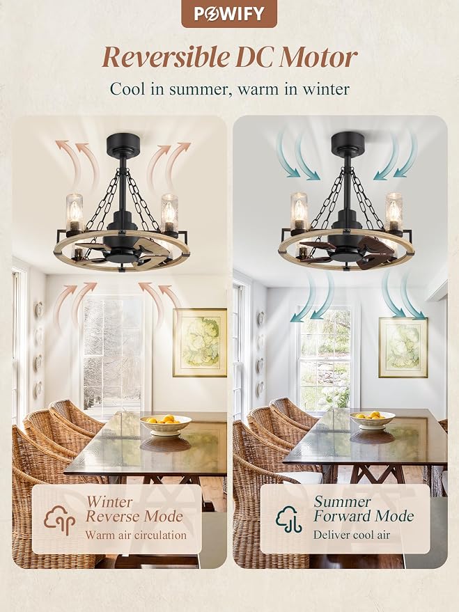 Wagon Wheel Rustic Chandelier Ceiling Fan with Light, 20 inch Farmhouse Caged Ceiling Fans, Quiet Reversible Motor, Dual Finish Blades, Wood Bladeless Fan Lights Ceiling Fixtures for Bedroom Kitchen