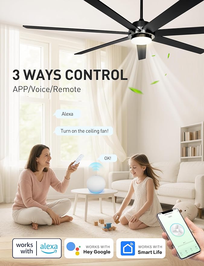 Minislak 72" Black Smart Ceiling Fan with Light and Remote via WIFI Alexa APP Control,6 Speed Quiet DC Motor,Dimmable,Indoor Outdoor Ceiling Fans for Patios or Bedroom,Living room