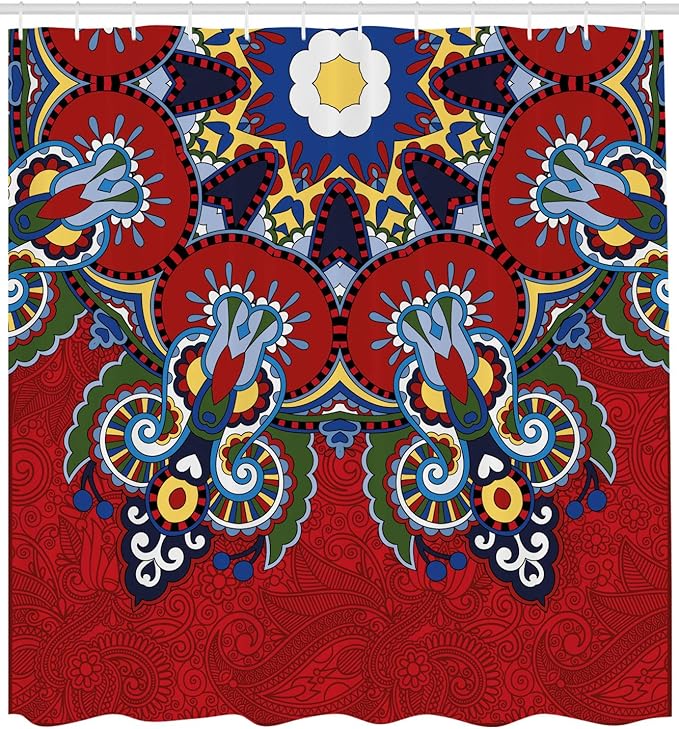 Ambesonne Mandala Shower Curtain, Color Jumble of Lace Like Flowers Leaves Swirls Vintage Illustration Folk Themed, Cloth Fabric Bathroom Decor Set with Hooks, 69" W x 70" L, Red