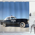 Ambesonne American Shower Curtain, Side View of a Parked Old American Police Car and The Sky Digital Print, Cloth Fabric Bathroom Decor Set with Hooks, 69" W x 70" L, Blue Beige and Black
