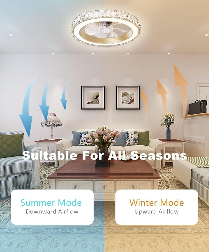 Aipsun Low Profile Modern Crystal Chandelier Ceiling Fans with Lights and Remote, 3000K-6500K Smart Bladeless LED Fan Light, 18" Gold Modern Ceiling Fans with Lights for Bedroom