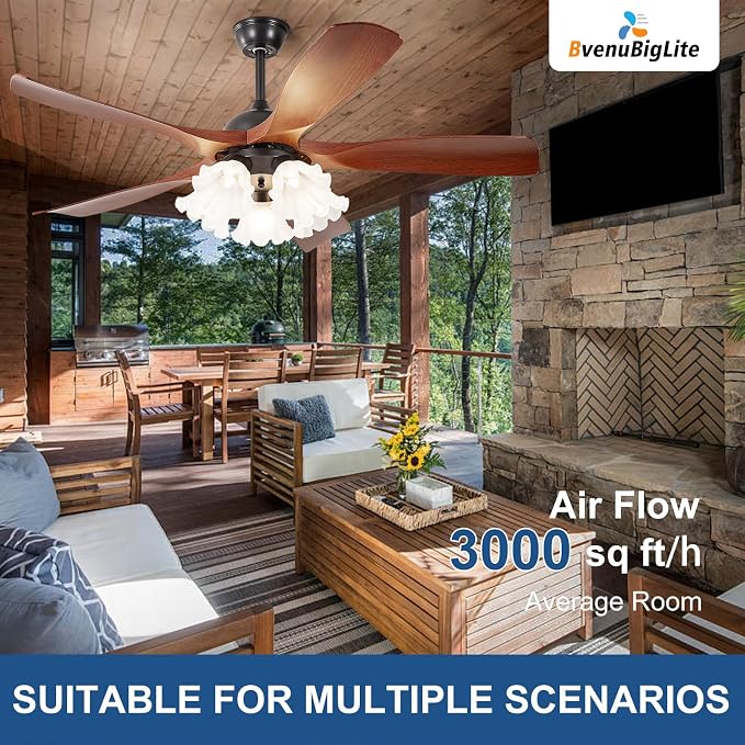 Ceiling Fans with Lights and Remote: 46-Inch Ceiling Fan 5 Blades Flower Low Profile Outdoor - Walnut Ceiling Fans with Remote Control Quiet Reversible DC Motor for Living Room