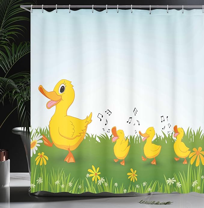 Ambesonne Cartoon Shower Curtain, Mother Duck Walking and Singing on The Meadow Flowers, Cloth Fabric Bathroom Decor Set with Hooks, 69" W x 70" L, Pale Blue Mustard
