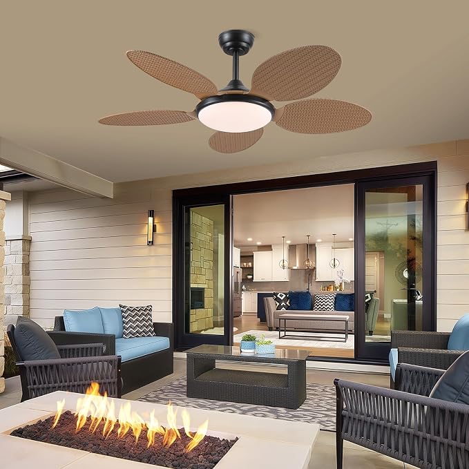 48"Tropical Style Palm Leaf Ceiling Fans with LED Lights and Remote & APP | Supports Remote and APP, 6 Wind Speeds, Reversible, Dimmable 3CCT LED, 35W Quiet DC Motor,Suits for Bedroom Kitchen