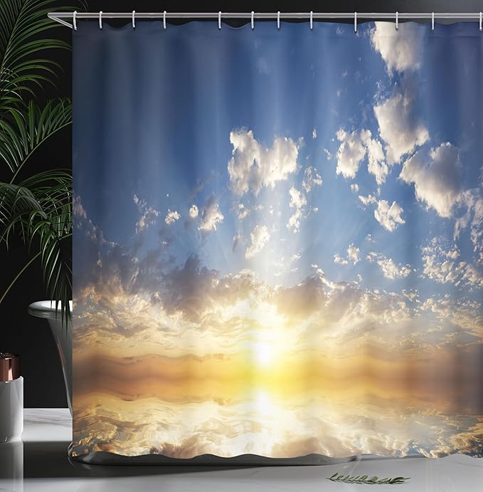 Ambesonne Mystic Shower Curtain, Sunset Reflection on The Sea View Sun Rays Vivid in Horizon Image, Cloth Fabric Bathroom Decor Set with Hooks, 69" W x 75" L, Yellow Brown Blue