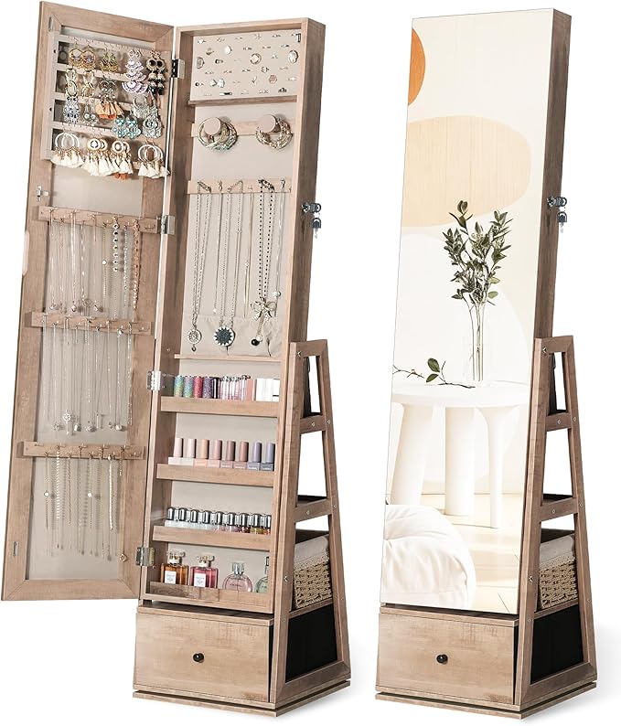 Nicetree 360°Swivel Jewelry Cabinet, Rotatable Full Length Mirror with Jewelry Storage, Standing Jewelry Armoire Organizer, Lockable Jewelry Organizer with 3 Rear Shelves, Bottom Drawer, Oak