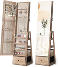 Nicetree 360°Swivel Jewelry Cabinet, Rotatable Full Length Mirror with Jewelry Storage, Standing Jewelry Armoire Organizer, Lockable Jewelry Organizer with 3 Rear Shelves, Bottom Drawer, Oak