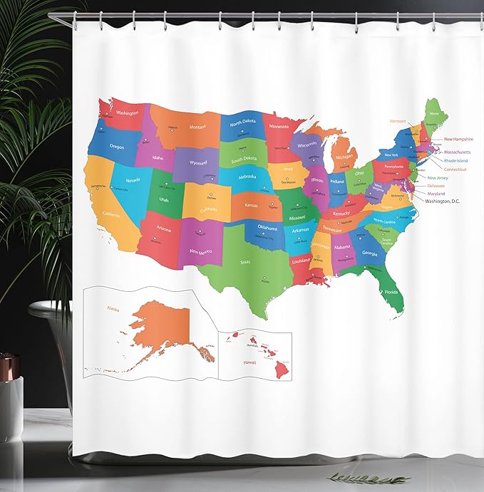 Ambesonne Colorful Shower Curtain, Design Borders with States and Cities United States of America US Map Print, Cloth Fabric Bathroom Decor Set with Hooks, 69" W x 70" L, Multicolor