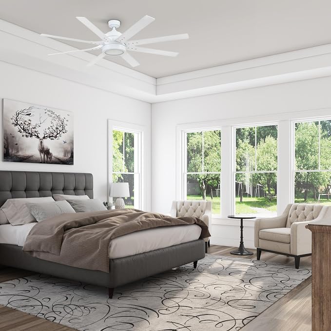 Honeywell Ceiling Fans Xerxes Modern 62 Inch Ceiling Fan with Light, Remote Control Fan, LED Indoor Fan with 8 Blades, White and Gray Wash Blade Finish Options, White (51628-01)