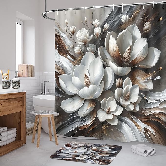 Ambesonne Brown Bathroom Decor Set 4 Pcs Including Shower Curtain with Hooks Bath Mat Soap Dispenser Toothbrush Holder in Box Essentials & Accessories, Magnolia Watercolor, White Dark Grey Chocolate
