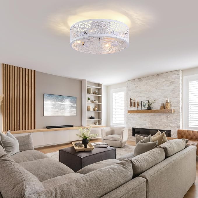 COCOSTAR Farmhouse Ceiling Fan with Light and Remote White Caged Fandelier | Smart Remote/APP,Low Profile,6 Speed,20in Small Flush Ceiling Light Fixture with Fan for Living Dining Kitchen Girls Bedroom