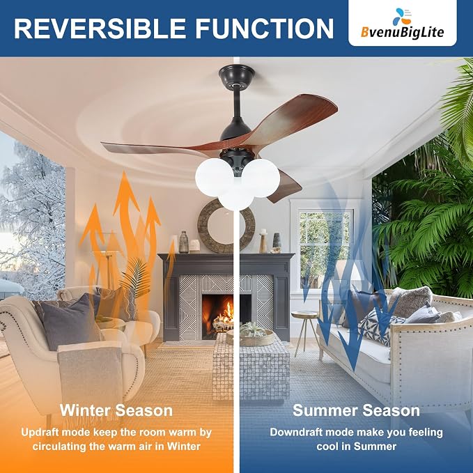 Ceiling Fans with Lights and Remote: 42-Inch Ceiling Fan 3 Blades Bubble Low Profile Outdoor - Walnut Ceiling Fans with Remote Control Quiet Reversible DC Motor for Living Room
