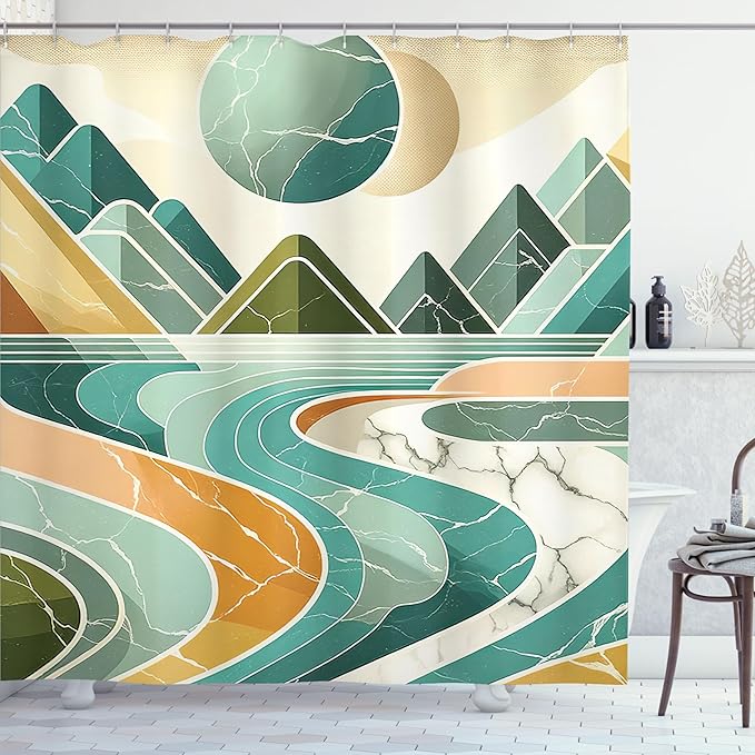 Ambesonne Lake Shower Curtain, Mid Century Modern Inspired Mountain Sun Nature Scene Minimal Marble Print, Cloth Fabric Bathroom Decor Set with Hooks, 69" W x 84" L, Amber and Seafoam