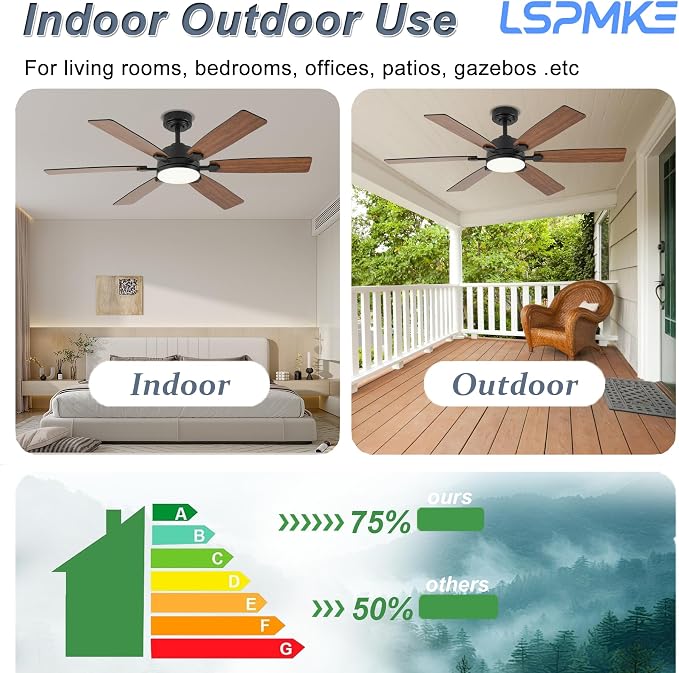Ceiling Fans with Lights, 52" Ceiling Fan with Light and Remote Control, Reversible DC Motor, 3CCT, Dimmable, Timer, Noiseless, Brown Ceiling Fan for Bedroom Living Room, Indoor/Outdoor Use