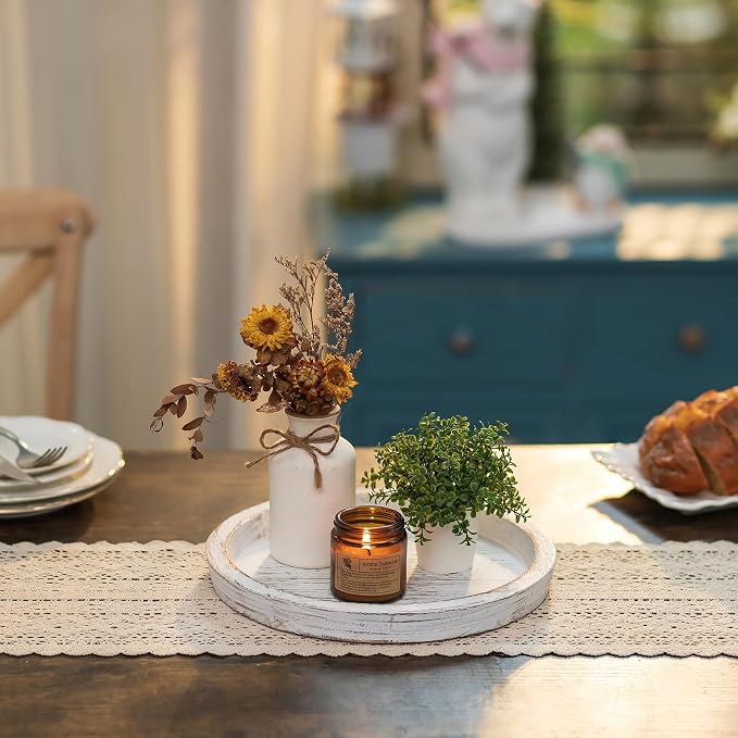 Hanobe Candle Plate Holder Tray: Round Wood Decorative Candle Plate - Rustic Farmhouse CoffeeTable Decor - Tealight Pillar Trays for Home Decor (White Rustic)